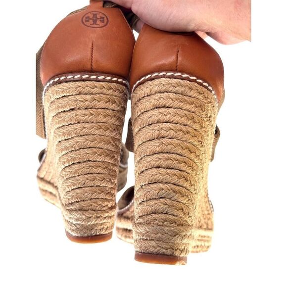Tory Burch Designer Espadrille Wedges Sz 11 Olive Canvas Cognac Leather EUC - Picture 4 of 9